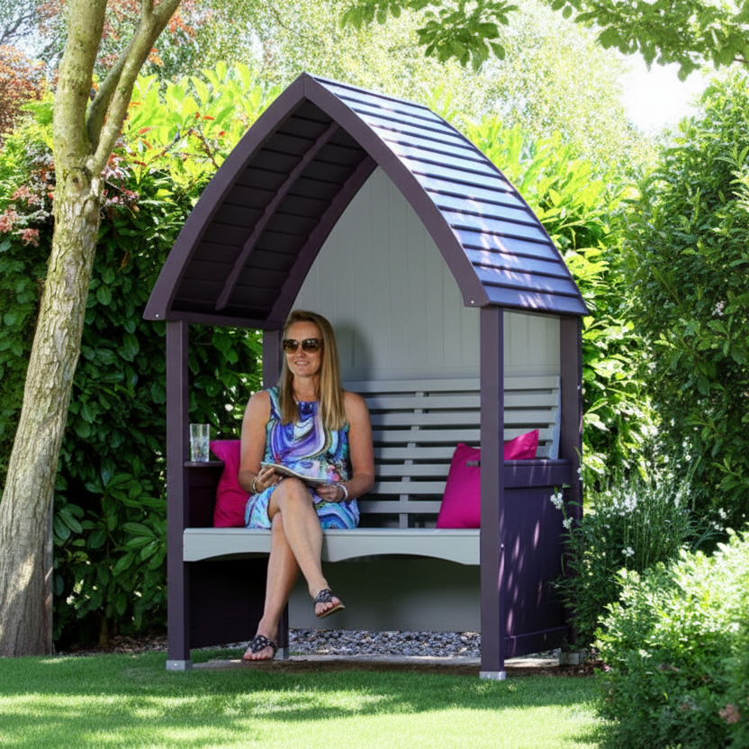 AFK Garden Products Cottage Arbour in Lavender and Stone colours, with an ergonomically designed seat and backrest that seats up to 2 people