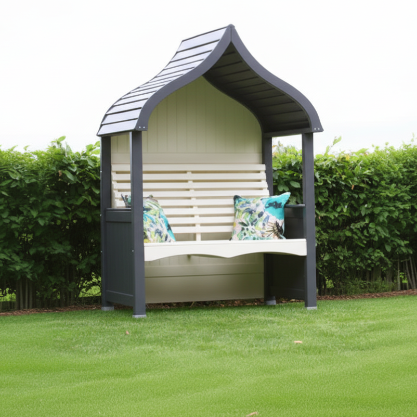 AFK Garden Products Orchard Arbour in Charcoal and Cream colour timber with ergonomically designed seat and backrest, seating up to 2 people