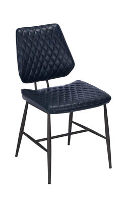 Baker Pair of Dalton Dining Chairs in Dark Blue faux leather with a diamond stitch design, and black metal frame and legs