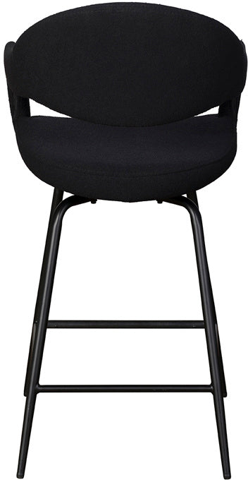 Baker Pair of Jasmine Bar Chairs in Black Boucle fabric with a 180 swivel function, and black metal legs