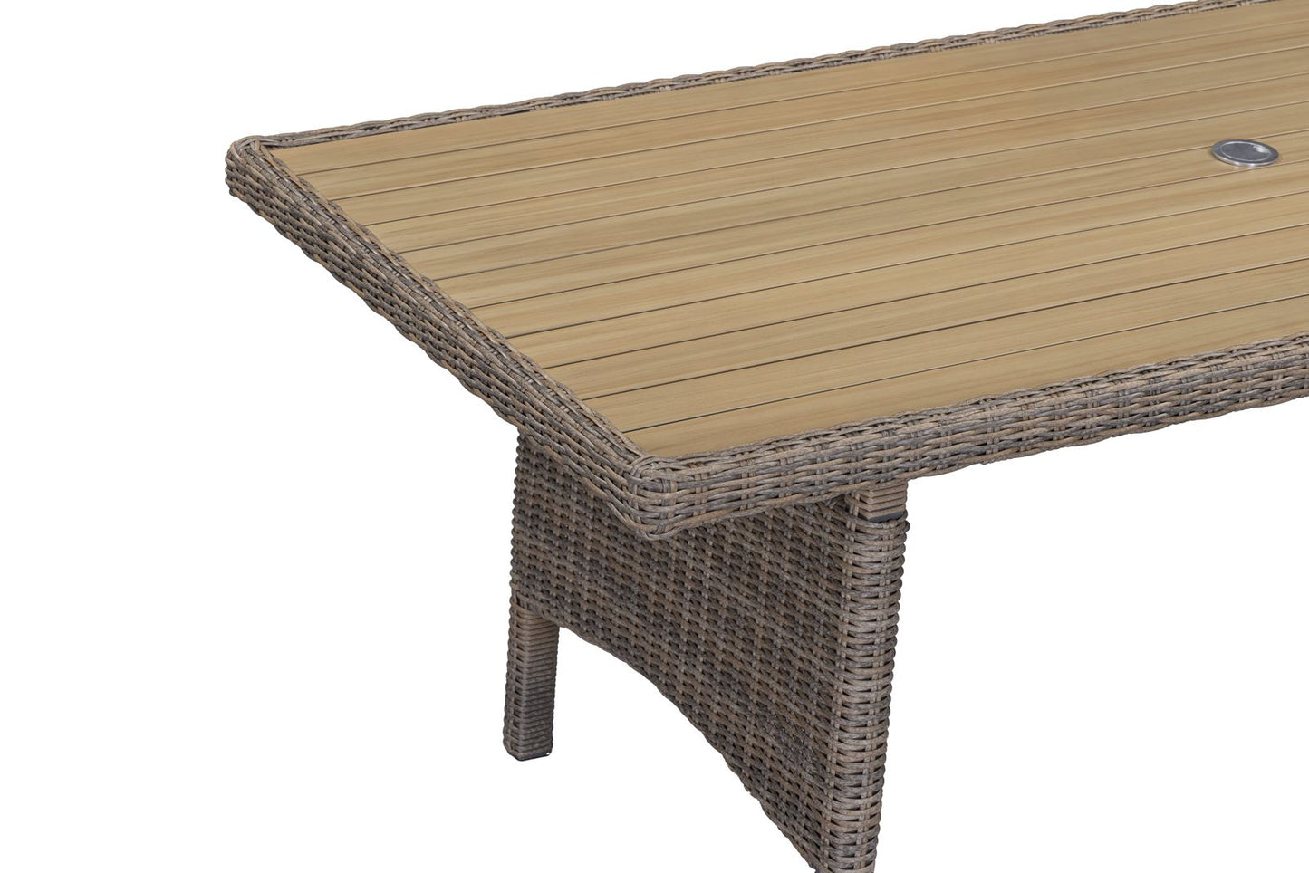 Bermuda 6 Seater Dining Set includes 6 armchairs and a rectangular table in a Natural Weave rattan frame with wood-effect table top and parasol hole