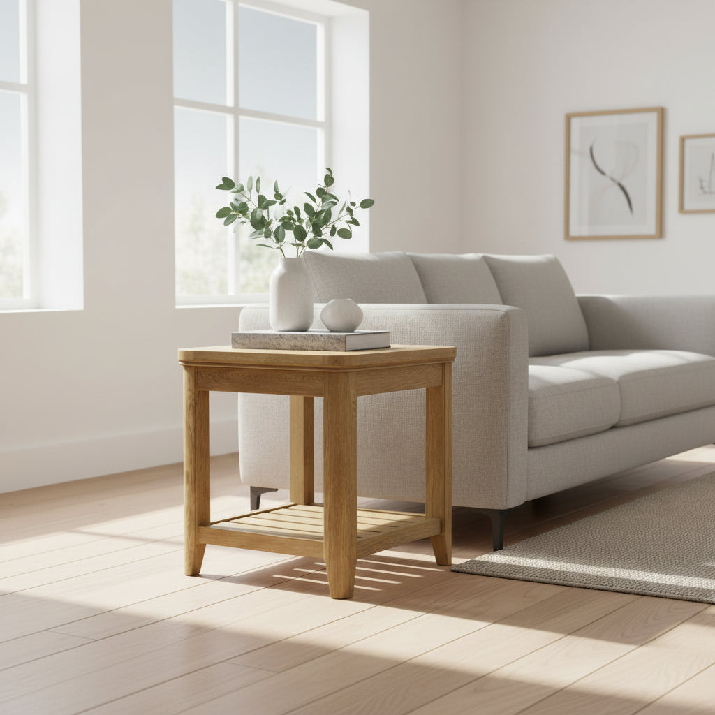 Carlton Furniture Copeland Lamp Table constructed from solid oak wood with a lower shelf for useful storage