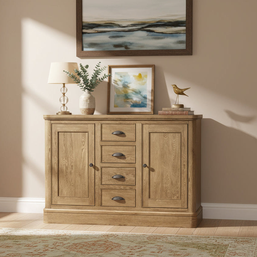 Carlton Furniture Copeland Small Sideboard crafted from solid natural oak features, 4 middle drawers and 2 side cupboards with metal handles