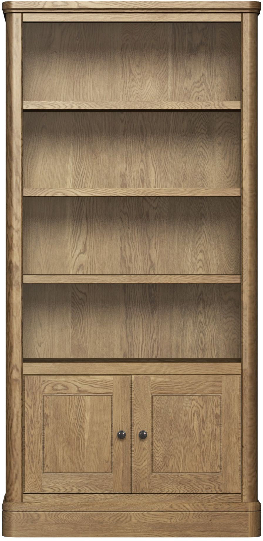Carlton Furniture Copeland Tall Bookcase crafted from solid natural oak, with 4 shelves and lower cupboard