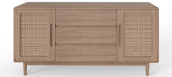 Carlton Furniture Holcot Rattan Standard Sideboard features 2 cupboards with woven rattan doors and 3 central drawers in a natural oak wood