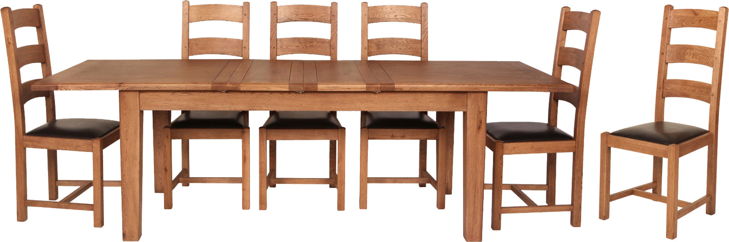 Carlton Furniture Rustic Manor 180cm Extending Oak Wood Dining Table and 6 Matching Chairs with ladder back design and padded seat