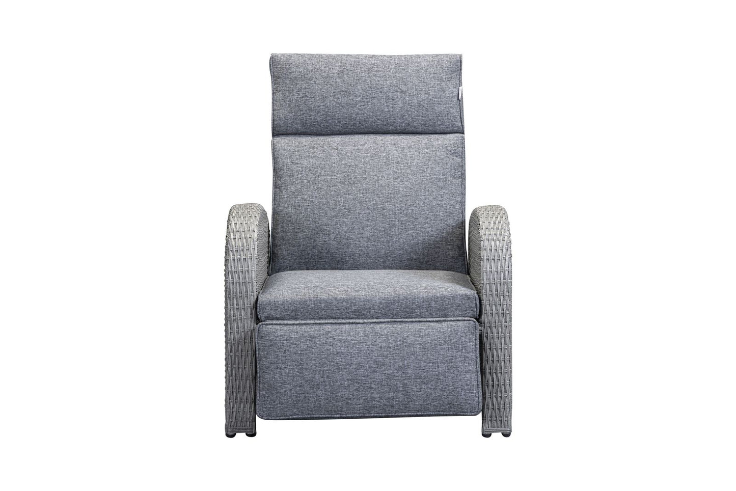 Chelsea Bermuda Reclining Lounge Set in Grey Weave rattan, includes 2 fully reclining lounge chairs and a small side table