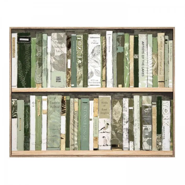 Gallery Direct Anthology Framed Canvas of a bookcase of outdoor exploration book titles in smoothing greens and whites with a natural oak wood frame by artist Sabrina Rosco