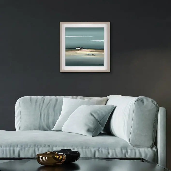 Gallery Direct Azure Framed Art captures boats and cottages on a shoreline in soft greys and greens with a coordinating frame by artist Ulyana Hammond