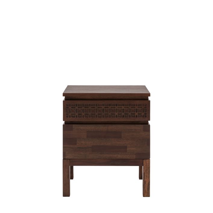 Gallery Direct Boho Retreat Bedside 2 Drawer Chest in Brown has an inlaid pattern design to the top draw for a slightly ethnic look