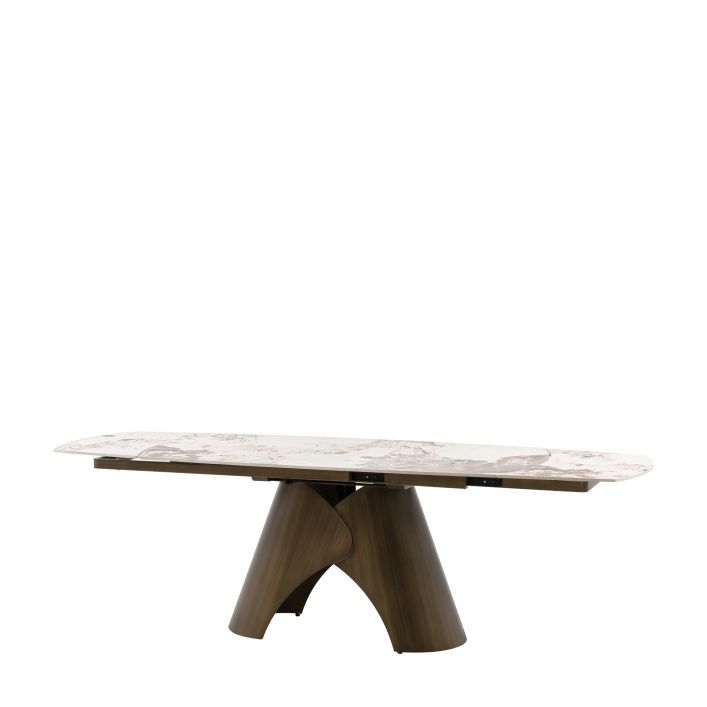 Gallery Direct Bresso Dining Table with matt Bronze metal base and a marble style ceramic extending table top
