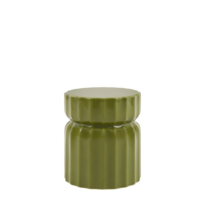 Gallery Direct Cirella Side Table is made using glass reinforced concrete and is glazed in a rich green Verde colour, suitable for both indoor and outdoor use
