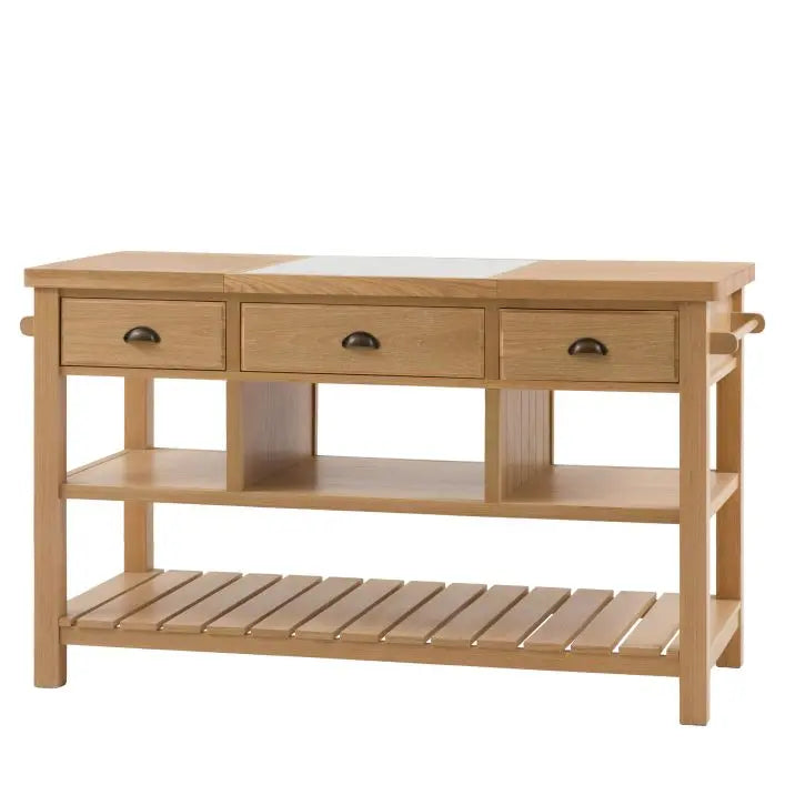 Gallery Direct Eton Kitchen Island in Natural features an oak wood finished worktop with an inlaid marble section. 3 storage drawers with metal pull handles, 2 side hanging rails, 3 open shelves and a lower planked shelf