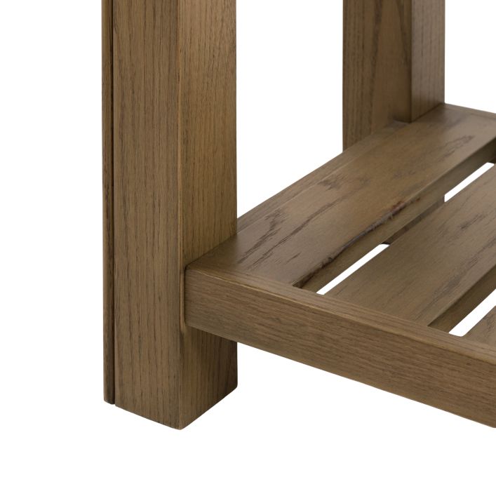 Gallery Direct Hardwick 1 Drawer Console Table constructed from oak wood and veneers, featuring a lower slatted shelf for additional storage