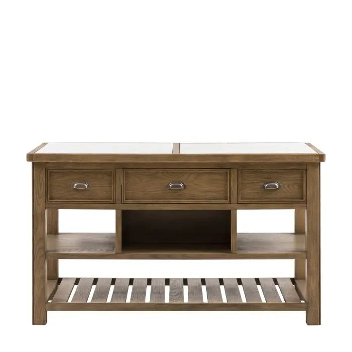 Gallery Direct Hardwick Kitchen Island features 3 drawers and various shelf spaces, with a stunning marble worktop