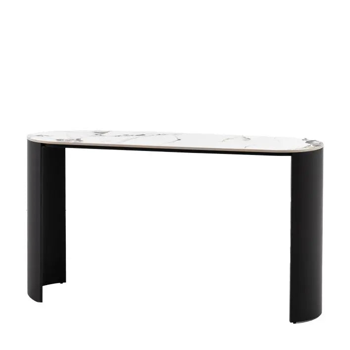 The Gallery Direct Marzio Console Table features a contemporary design and a curved silhouette with black metal legs, and a luxurious Carrara marble top