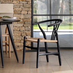 Gallery Direct Pair of Whitney Chairs in Black coloured Elm wood with a wishbone backrest and a rope woven seat