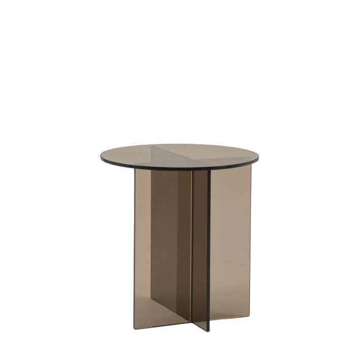 Gallery Direct Parioli Glass Side Table in Charcoal toned toughened glass with round table top and cross legged design