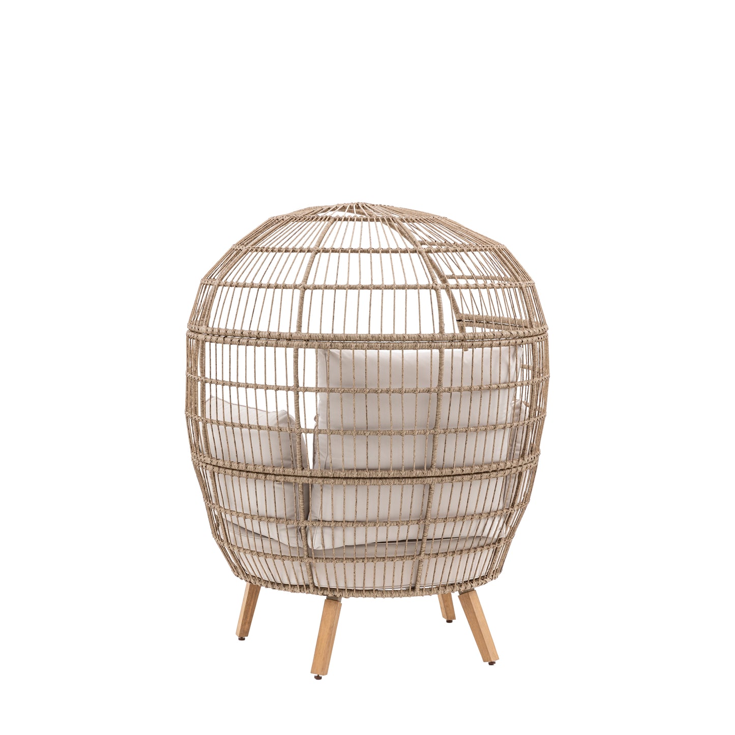 Gallery Garden Avena Egg Chair has a tall rounded frame with open wickerwork, acacia wood legs and natural toned padded cushions