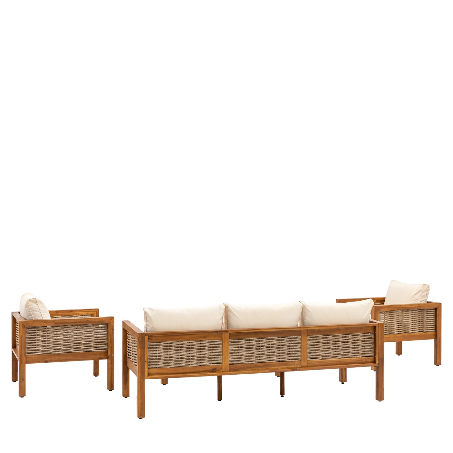 Gallery Garden Belize Lounge Set features a 3 seater sofa and 2 armchairs crafted from acacia wood with woven wicker detailing, and plush natural coloured cushions