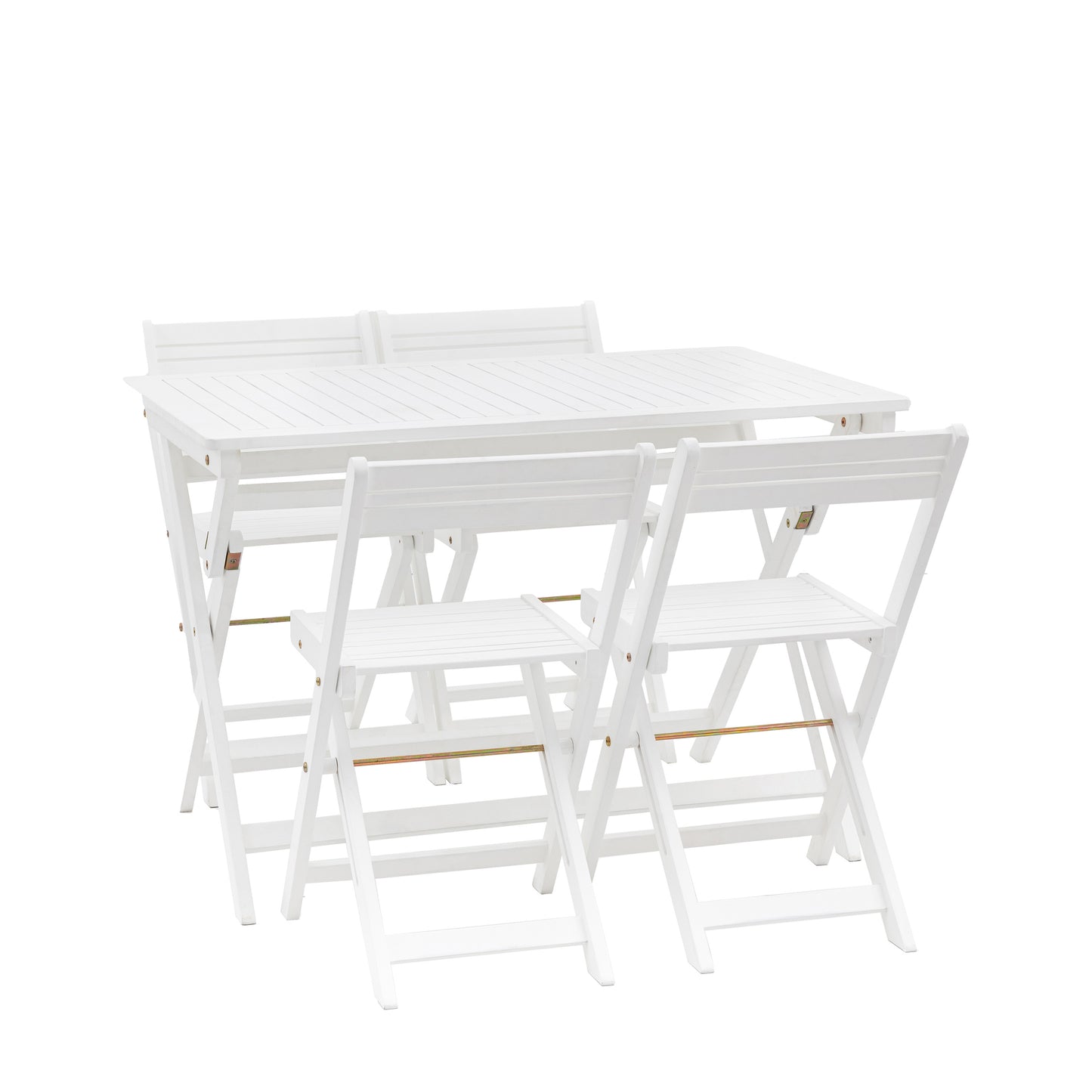 Gallery Garden Lindos 4 Seater Dining Set in White painted acacia wood, with slatted table top and 4 chairs, all can be folded away for easy storage
