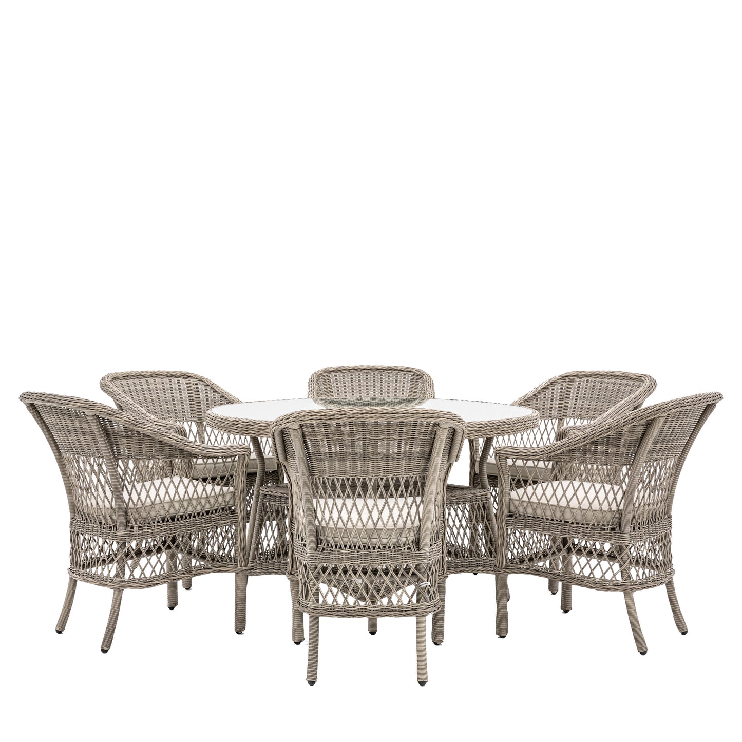 Gallery Garden Menton Dining Set features a glass topped round table and 6 matching armchairs, all constructed from PE rattan and aluminium with generously padded seat cushions