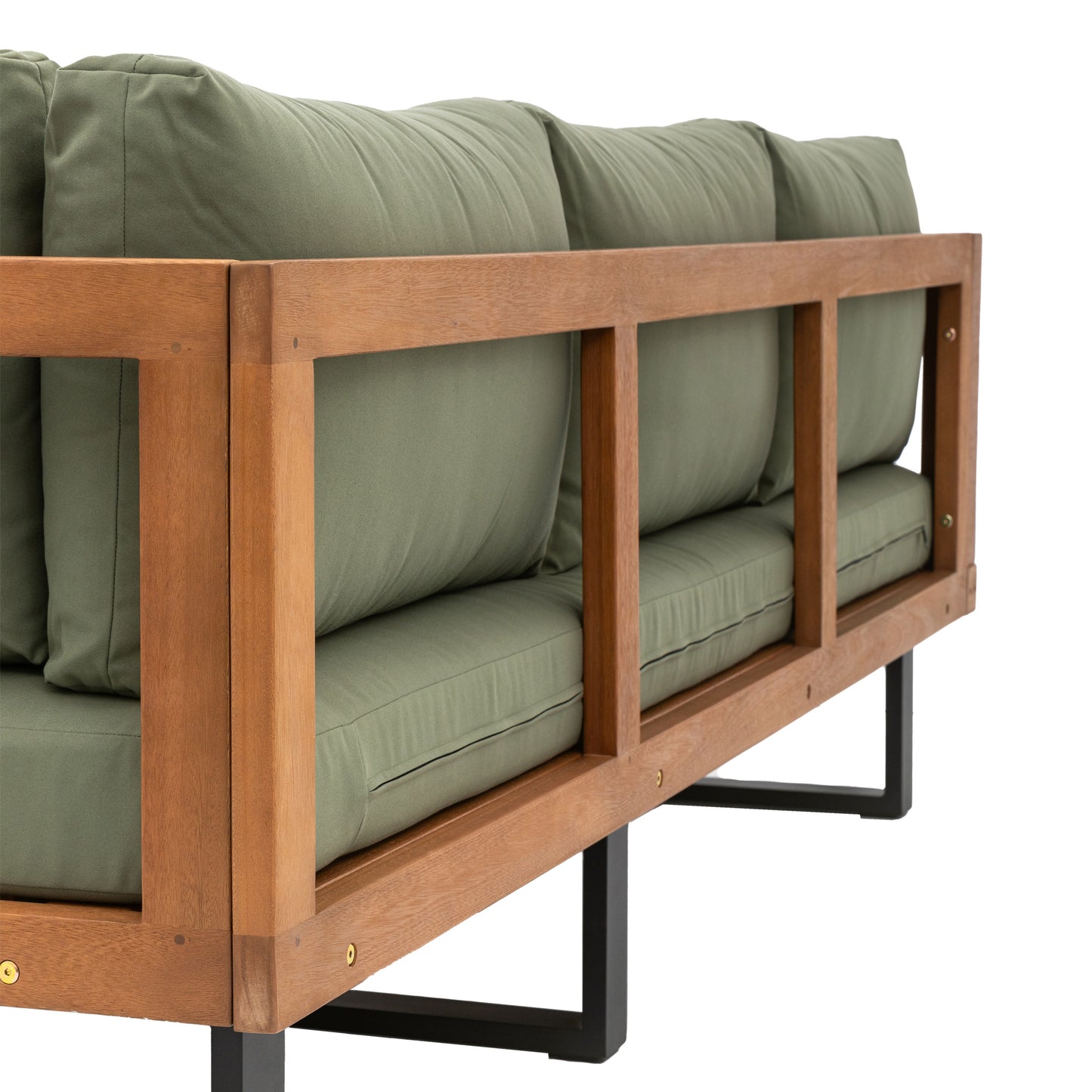 Gallery Garden Oad Corner Sofa Set is constructed using eucalyptus wood and powder coated metal, with generously padded seat and back cushions