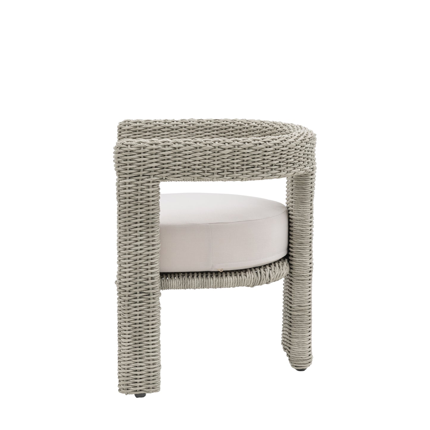 Gallery Garden Pair of Hvar Dining Chairs made from grey toned wicker with a curved architectural frame and deep filled seat cushion