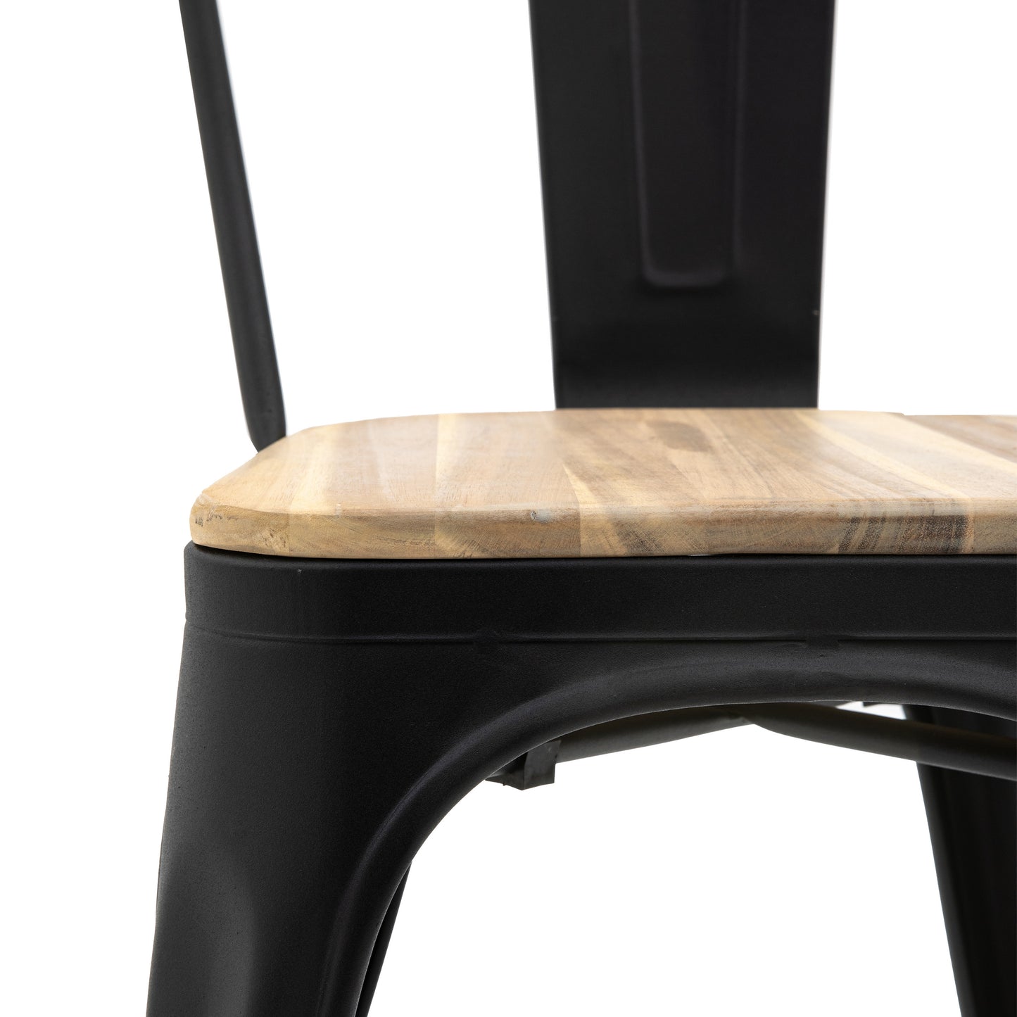Gallery Garden Pair of Ponza Dining Chairs in Black powder coated metal with an acacia wood seat with a warm, natural wood-grain finish