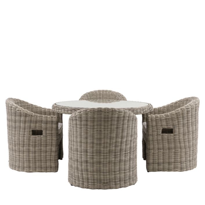Gallery Garden Ragusa 4 Seater Dining Set features a round glass topped table and 4 matching chairs with seat cushions