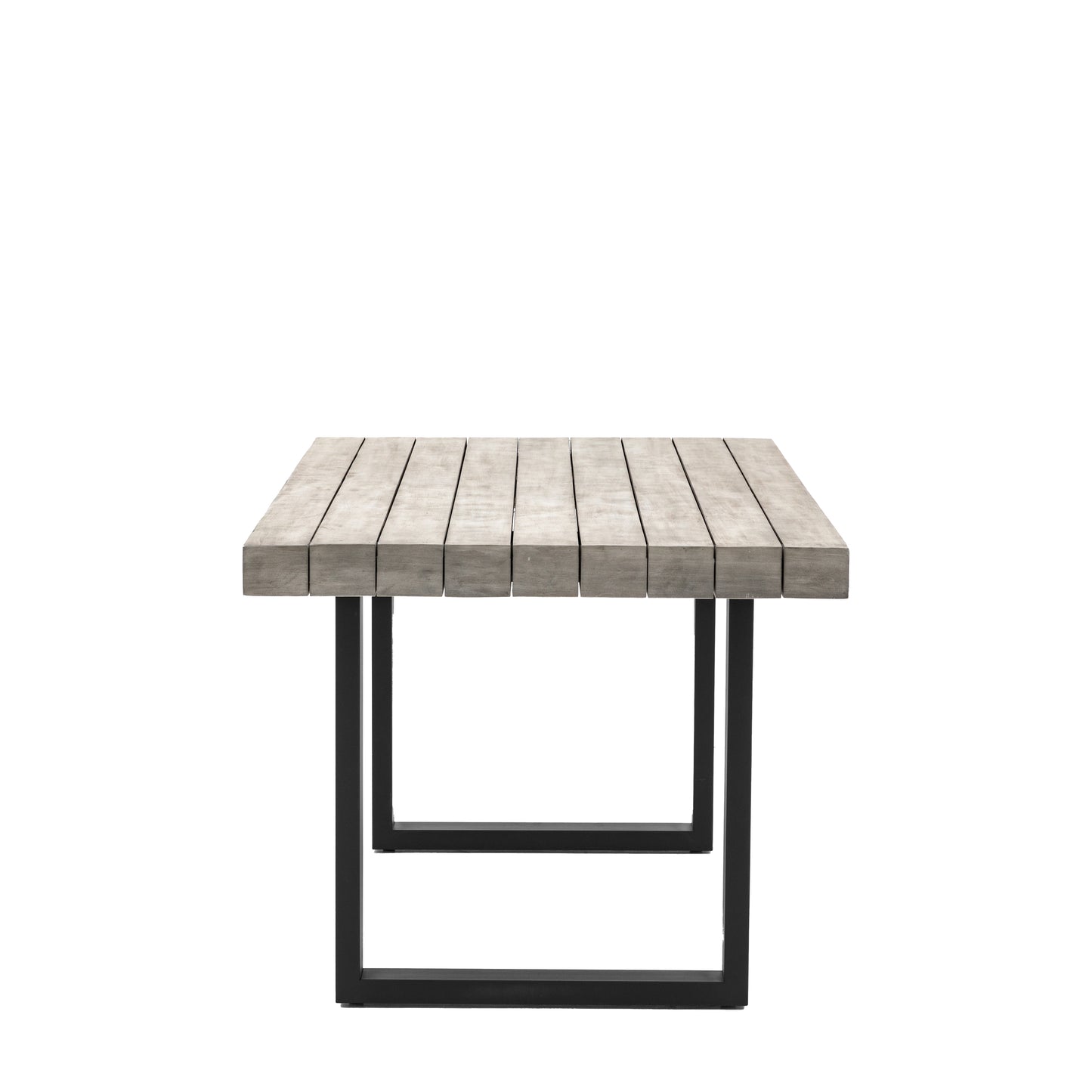 Gallery Garden Taranto Dining Table 6 Seater constructed from grey slatted acacia wood, with black powder coated iron U shaped legs