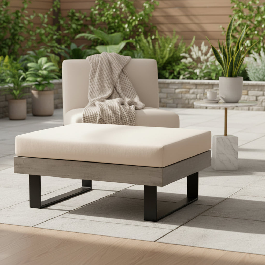 Gallery Garden Taranto Stool made from weathered acacia wood, dark iron legs and a weather resistant cushion