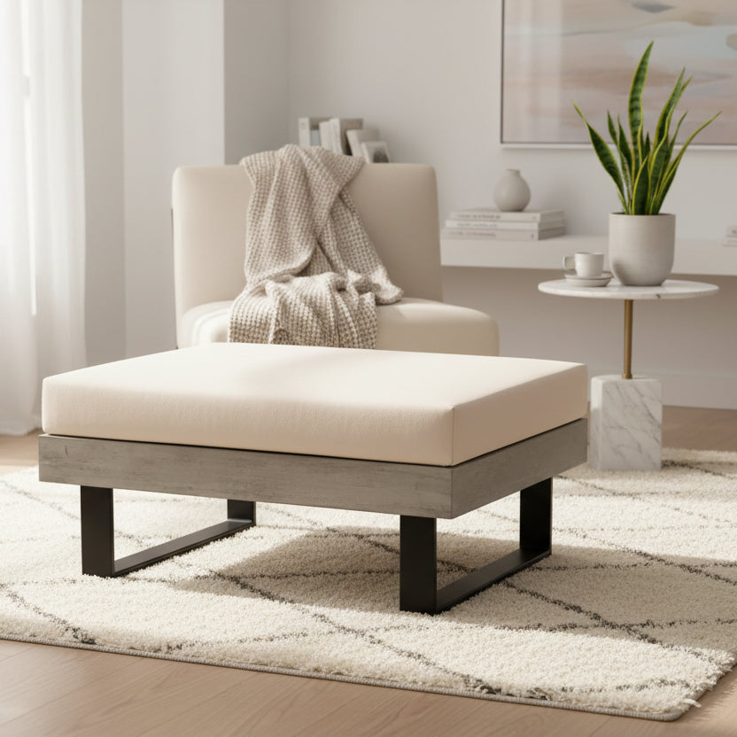 Gallery Garden Taranto Stool made from weathered acacia wood, dark iron legs and a weather resistant cushion