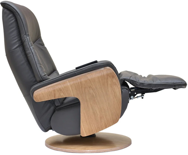 Global Furniture Alliance Iowa Swivel and recliner Chair in Charcoal grey leather and light wood base, with an integrated footrest