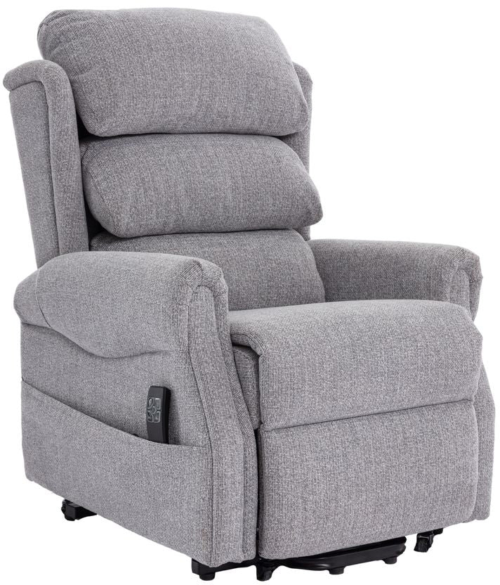 Global Furniture Alliance Luxembourg dual motor Riser Recliner Chair in Cha Cha Dove Grey padded Fabric features a remote control with easily adjustable seating postions
