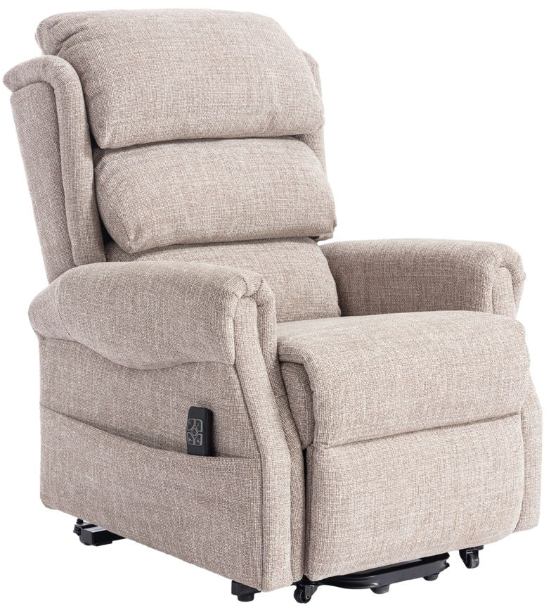 Global Furniture Alliance Luxembourg Riser Recliner Chair in Cha Cha Oat comfortable Fabric with side pocket and remote control, adjustable backrest and footrest