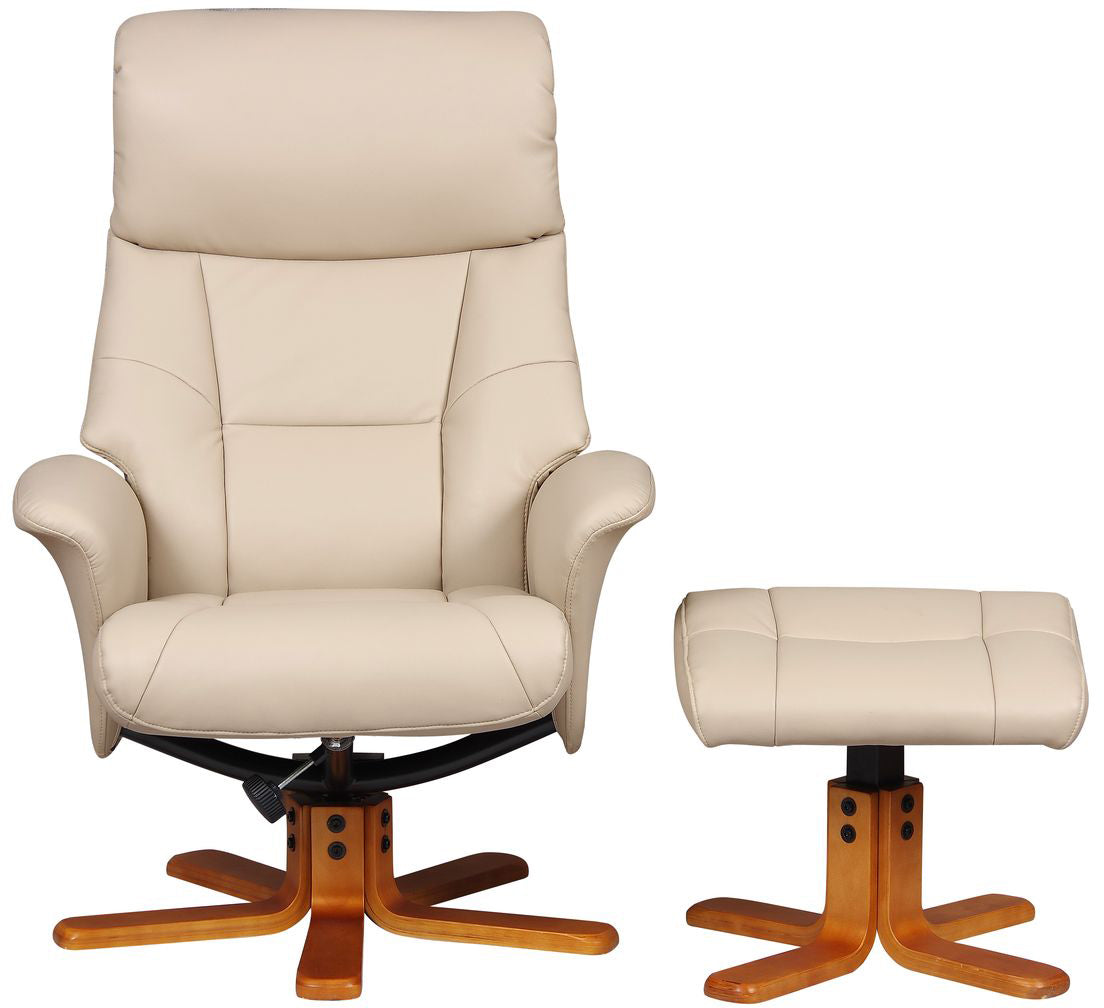 Global Furniture Alliance Marseille Swivel Recliner Chair in Café Latte faux leather, with a matching footstool