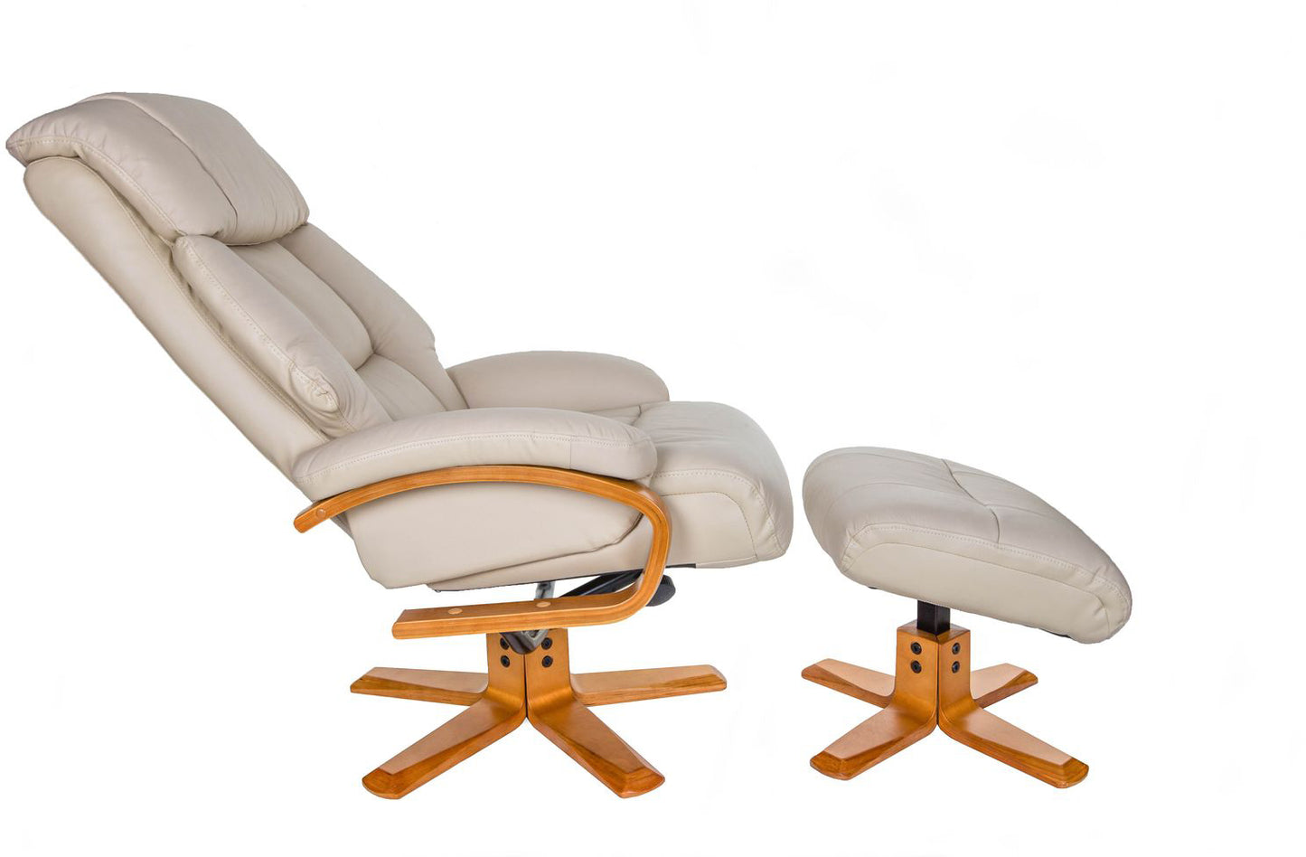 Global Furniture Alliance Nice recliner chair and footstool in Ivory Leather with honey wood base