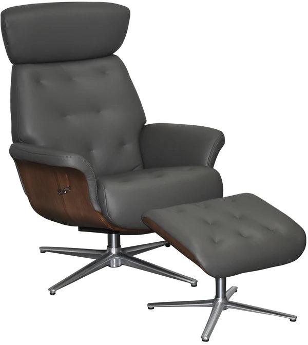 Global Furniture Alliance Nordic Swivel Chair in Charcoal leather with button back detailing, a walnut wood casing and chrome metal feet
