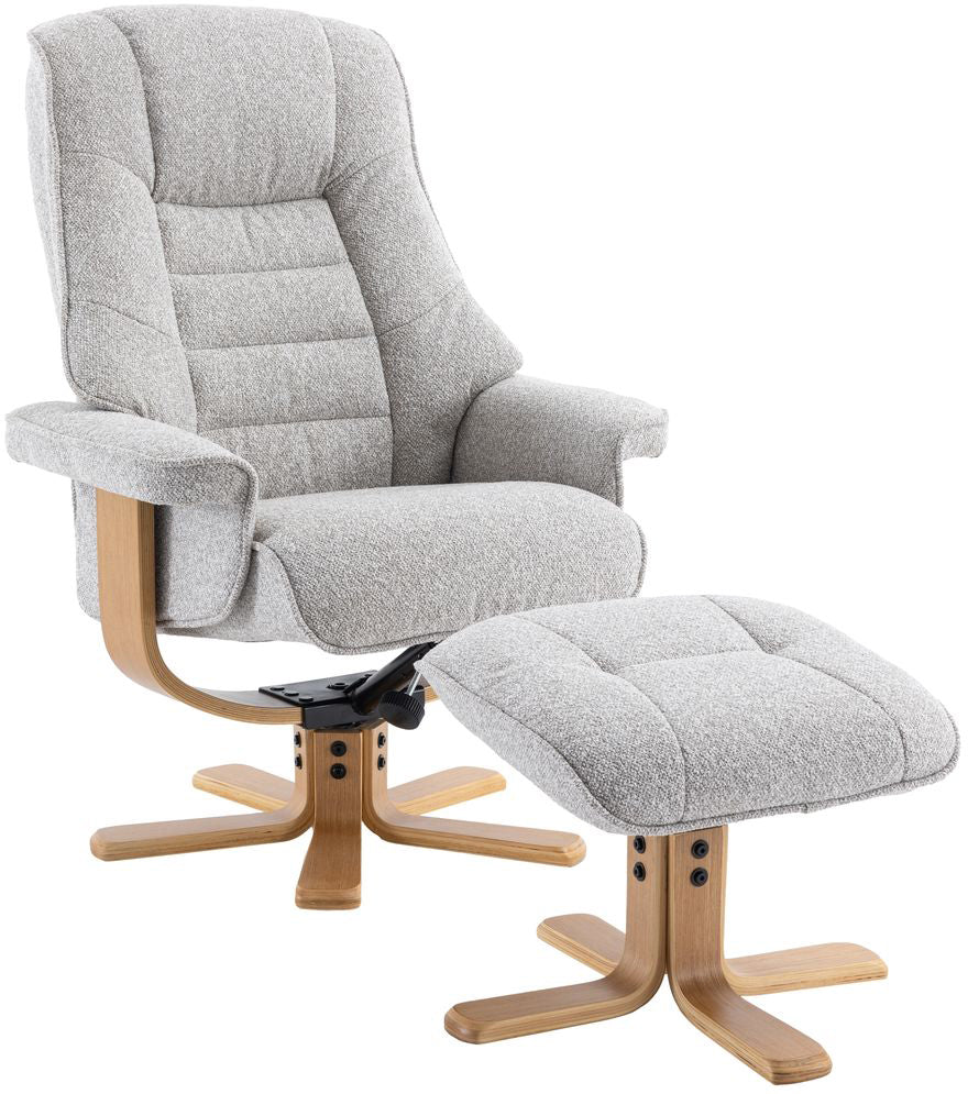 Global Furniture Alliance Sardinia 360 degree swivel Chair and footstool in Greige Fabric with mid oak base