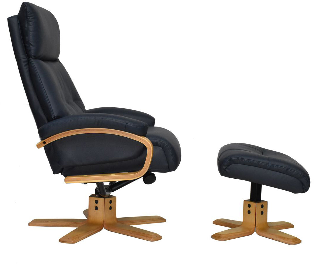 Global Furniture Alliance Vienna Swivel Recliner Chair and footstool in Navy Leather with light wooden base