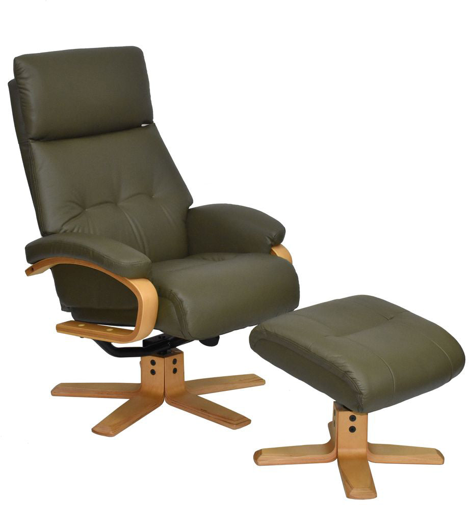 Global Furniture Alliance Vienna Swivel and Recliner Chair in Olive Green Leather with a matching footstool