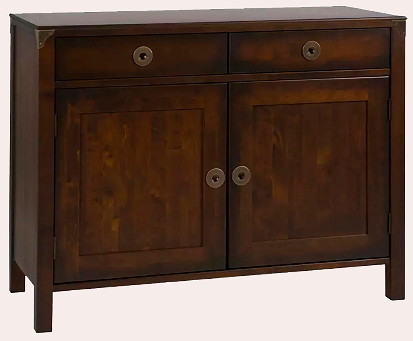 Laura Ashley Balmoral 2 Door 2 Drawer Sideboard in a deep Chestnut coloured birch wood, featuring two drawers and cupboard doors with brass effect handles