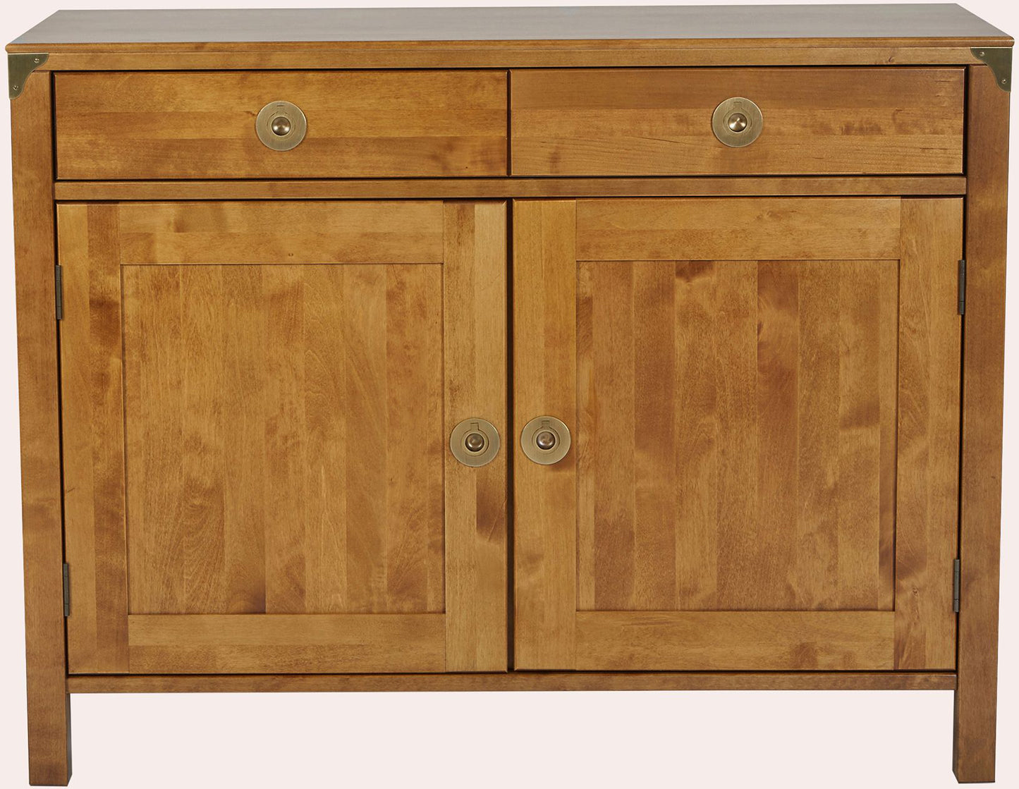 Laura Ashley 2 Door 2 Drawer Sideboard in Honey from the Balmoral collection features two top drawers with brass handles and two cupboard doors with brass handles, surrounded by a birch wood frame with brass corner bracket details