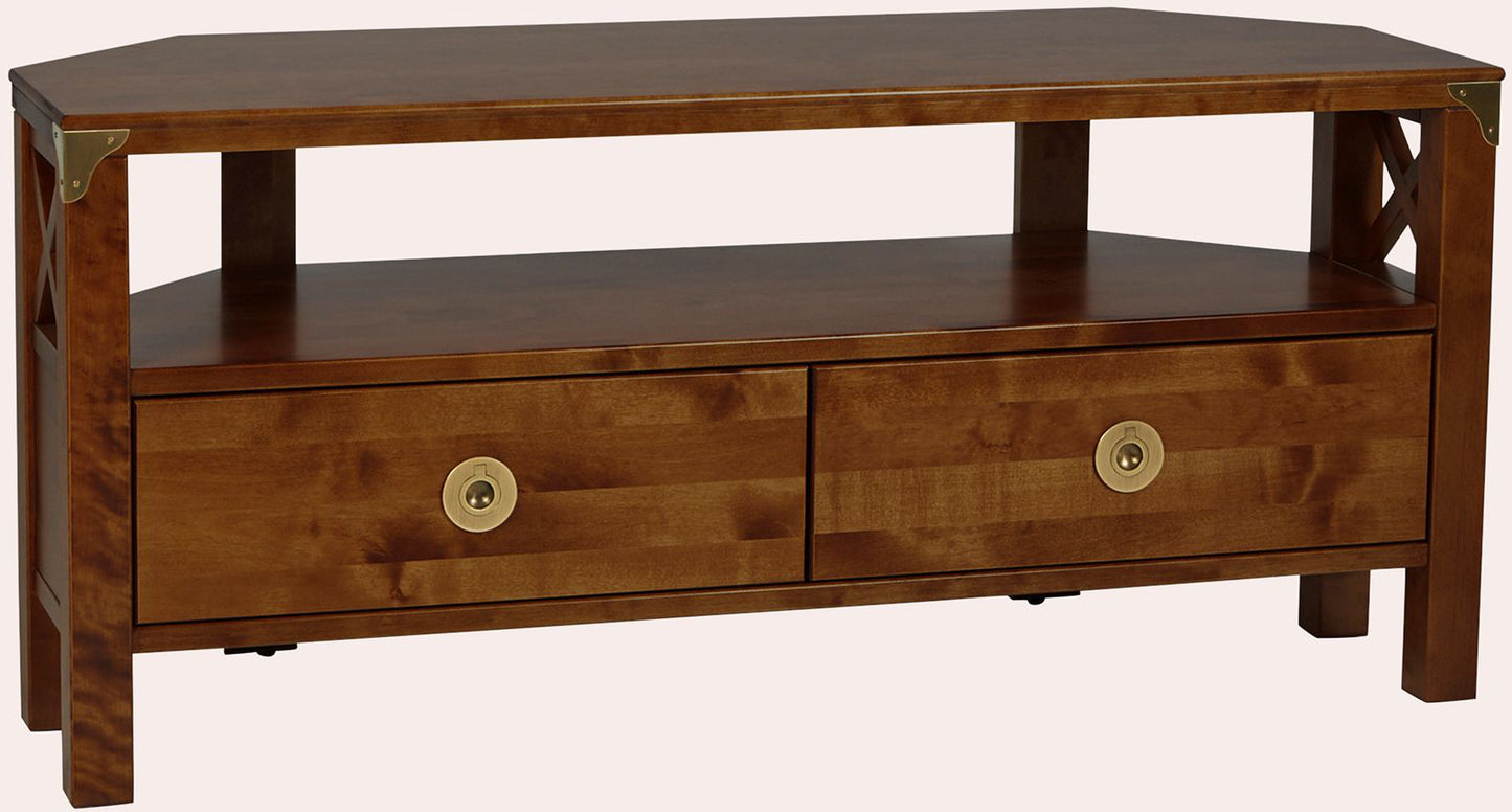 Laura Ashley Balmoral 2 Drawer Corner TV Unit in Chestnut with brass hardware, 2 storage drawers, an open shelf for easy cable access and cross frame side detailing