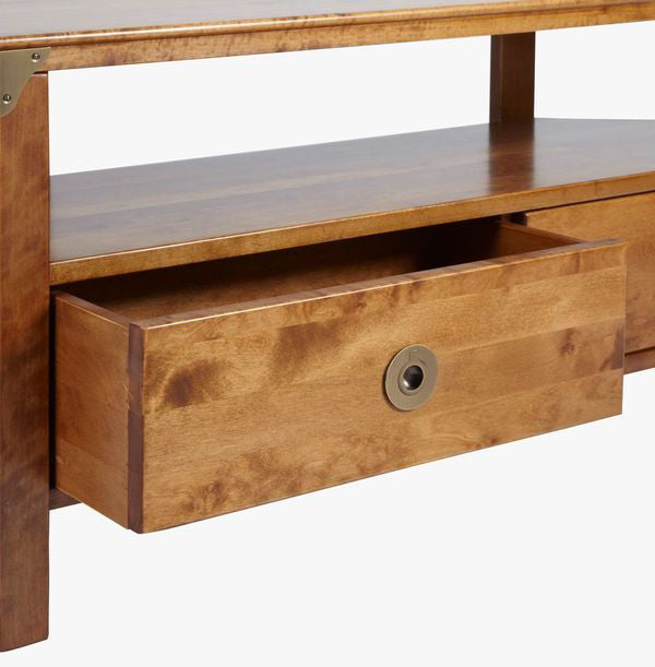 Laura Ashley Balmoral 2 Drawer Corner TV Unit in Honey birch wood with brass hardware, 2 spacious drawers and open shelf for easy cable access