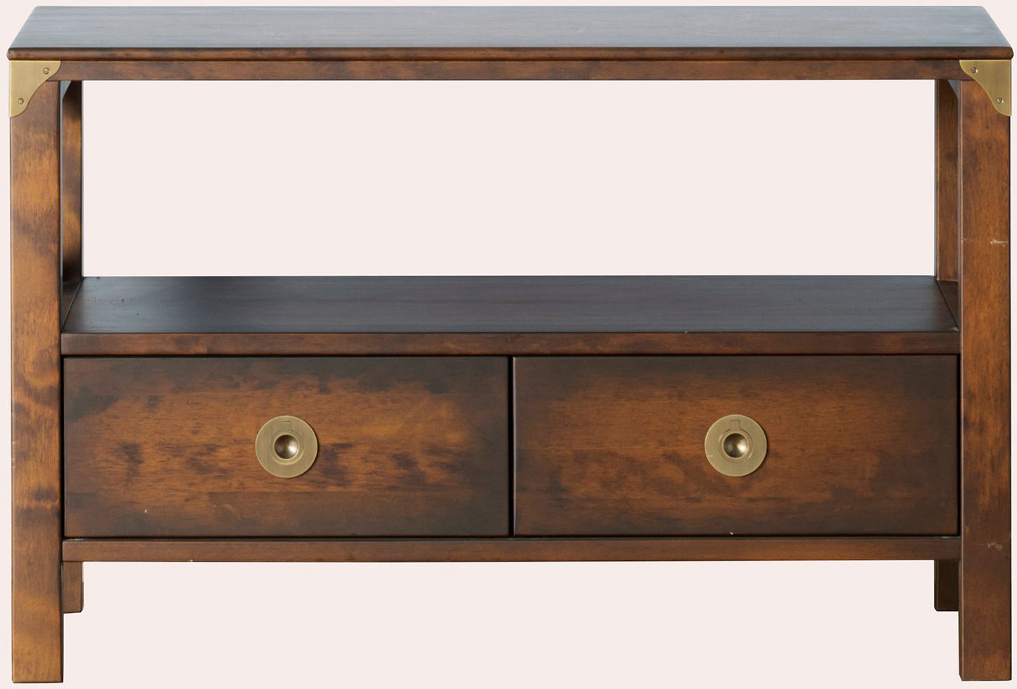 Laura Ashley Balmoral 2 Drawer TV Unit in Chestnut birch wood with 2 front drawers, an open shelf and brass hardware
