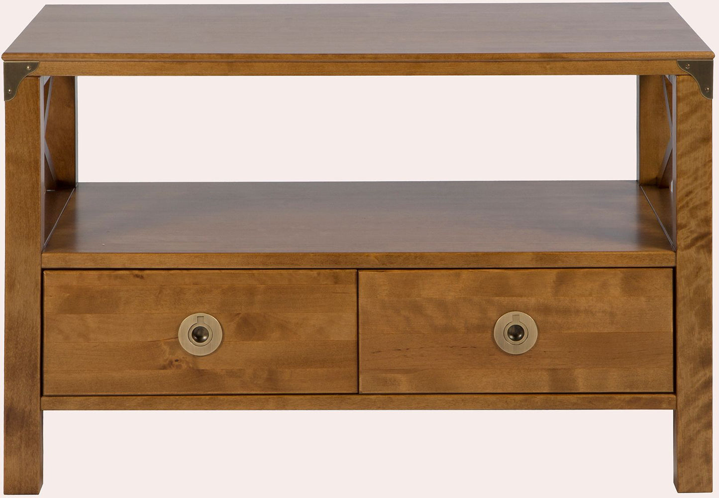 Laura Ashley Balmoral 2 Drawer TV Unit in Honey birch wood features 2 storage drawers with brass handles, an open shelf above with cross-frame side details and brass corner brackets to the frame