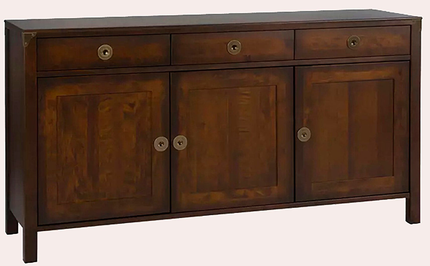 Laura Ashley Balmoral 3 Door 3 Drawer Sideboard in deep Chestnut birch wood features internal shelving, brass handles and corner brackets