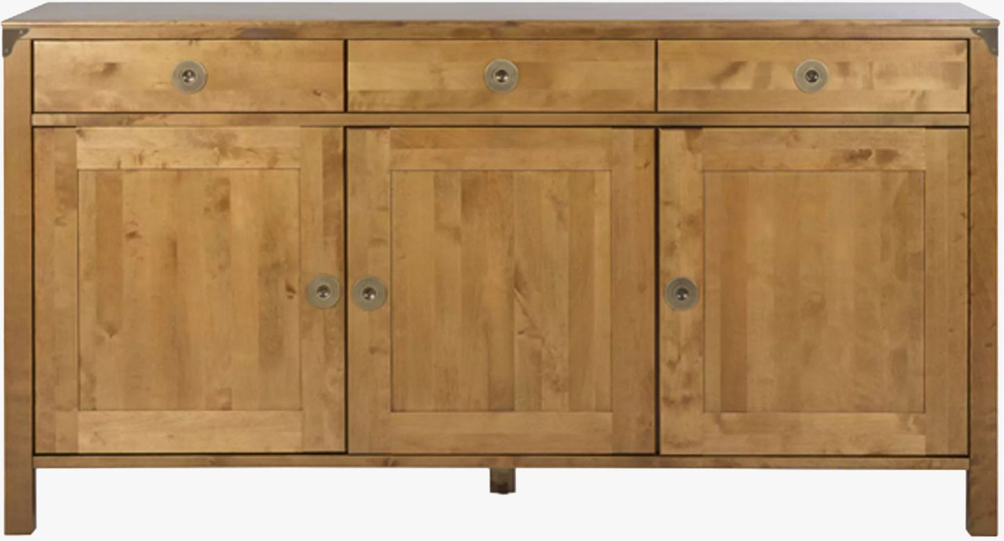 Laura Ashley Balmoral 3 Door 3 Drawer Sideboard in Honey birch wood has 3 storage drawers and 3 cabinet doors with brass handles